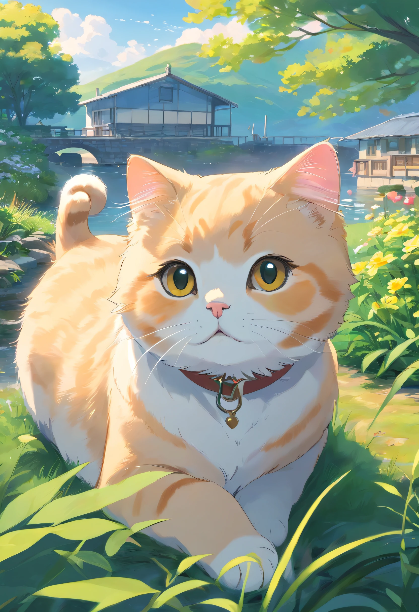 Scottish Fold cat, Close-up. lakeside, trpical garden,, There are houses in the distance.