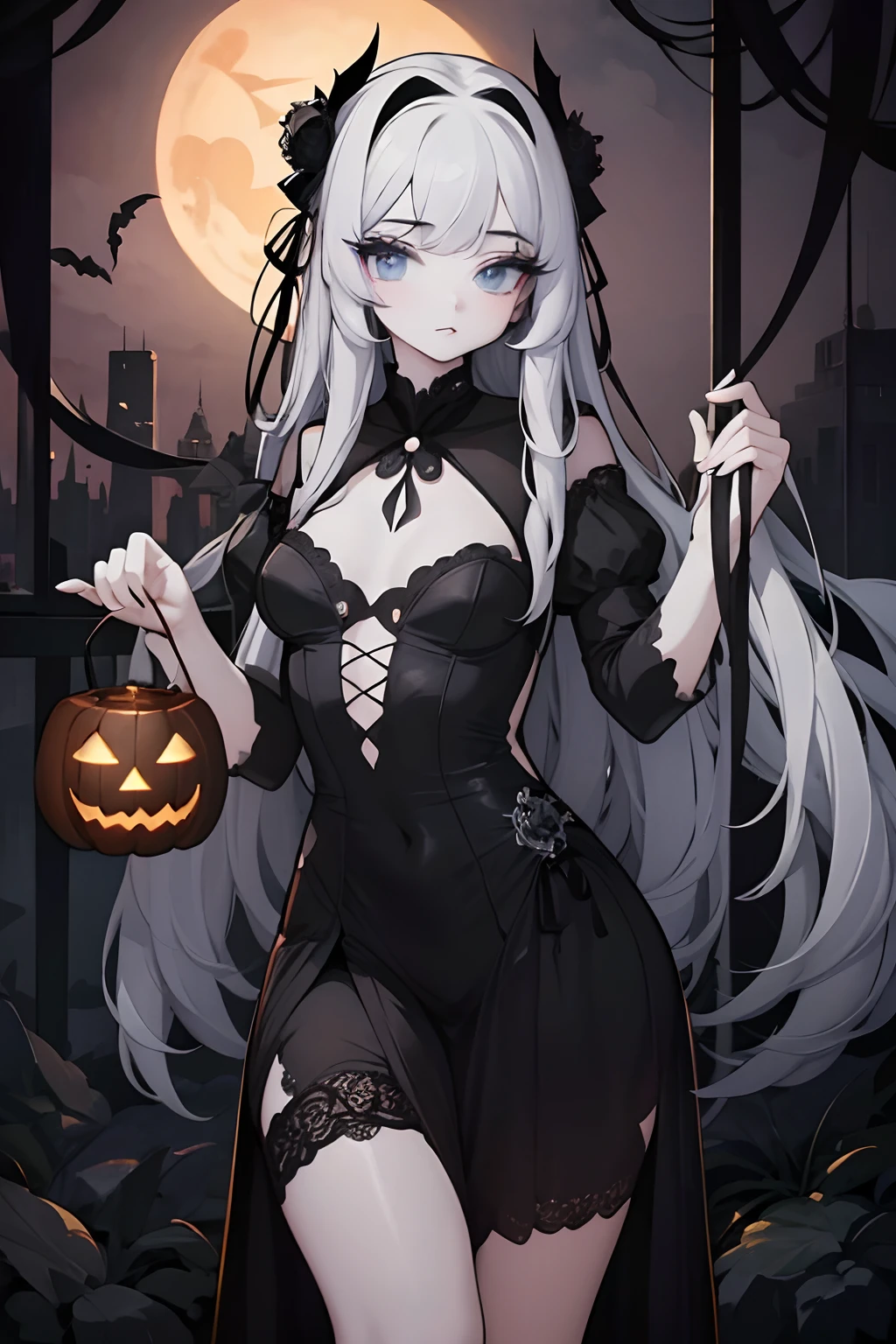 A slim girl,Wear casual clothes without gothic or Halloween elements。Her hair is simple,There aren't any weird accessories。The scene has no Gothic-style background or atmosphere,There are also no candlelit lanterns or cobwebs。He has a jack-o-lantern in his hand