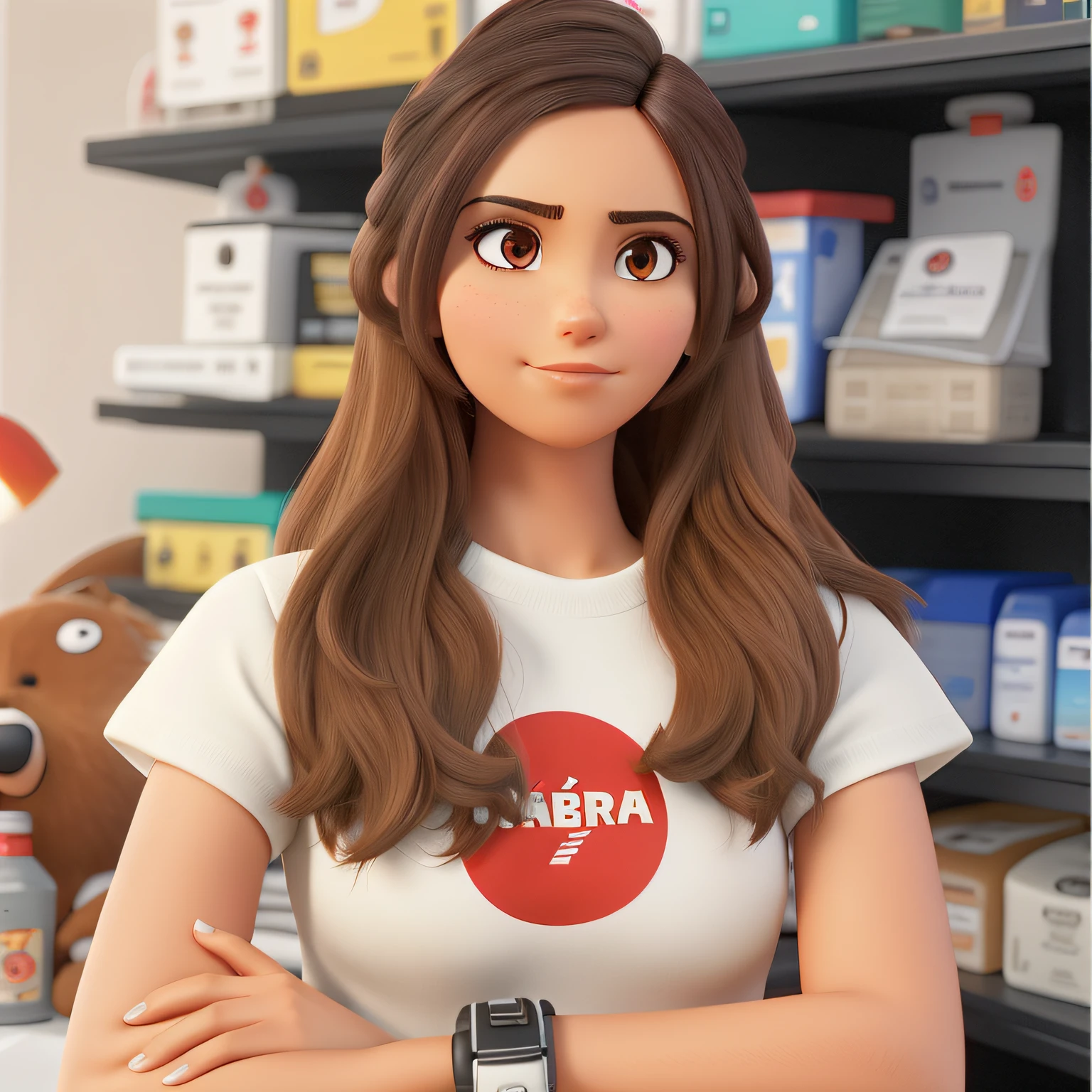 uma mulher morena clara, cabelo com mechas loiras, with arms crossed, fundo com uma estante cheia de produtos, alta qualidade, 8k