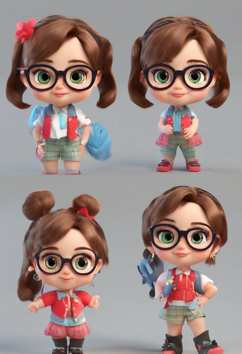 (best quality,3D,realistic:1.37),cute character, modern casual clothes, short blazer,pant,character design,character sheet,cute hairstyle,eyeglasses,disney style,american girl,young,perfect face