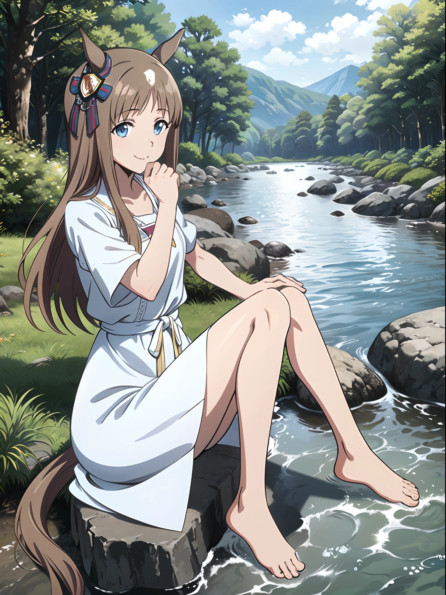 grass wonder \(Umamusume\), 1 girl, Solo, Best Quality, masterpiece, 8K, High resolution, Ultra-detailed, sitting on a rock in a mountain stream, rapid stream, light smile, White Dress, white sundress, barefoot, In the forest,