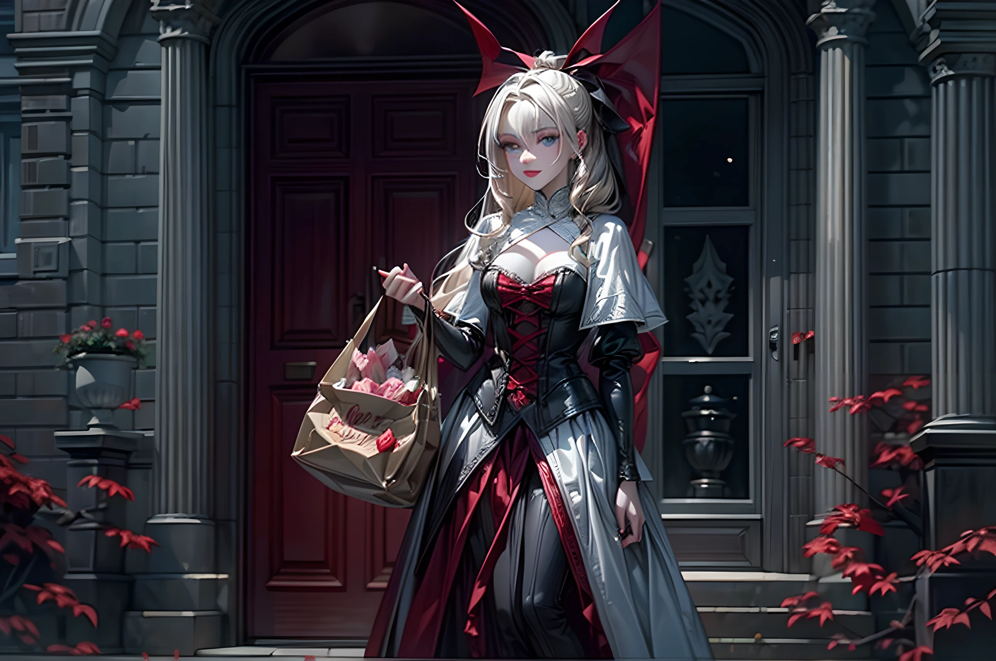 icture of vampire standing in the front of her home holding a (candy bag: 1.2), an exquisite beautiful female vampire in her front door of her home, full body (ultra detailed, Masterpiece, best quality), ultra detailed face (ultra detailed, Masterpiece, best quality), grey skin: 1.3 , blond hair, hair in a ponytail, long hair, blue eyes, cold eyes, glowing eyes, intense eyes, smile with [drops of blood on face] (ultra detailed, Masterpiece, best quality), dark red lips, [vampire fangs], wearing white dress (ultra detailed, Masterpiece, best quality), dark blue cloak, high heeled boots in front of her home, (holding a candy bag: 1.4), high details, best quality, 16k, [ultra detailed], masterpiece, best quality, (ultra detailed), full body, ultra wide shot, photorealism, dark fantasy art, moon light coming through the window, moon rays, gothic art, sense of dread, sense of seduction,