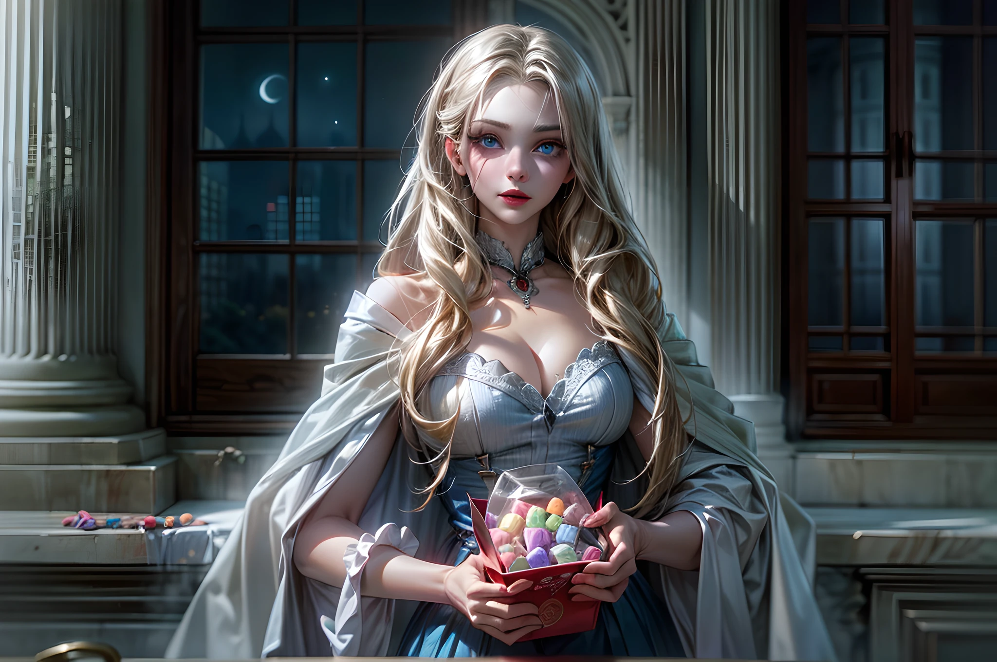 icture of vampire standing in the front of her home holding a (candy bag: 1.2), an exquisite beautiful female vampire in her front door of her home, full body (ultra detailed, Masterpiece, best quality), ultra detailed face (ultra detailed, Masterpiece, best quality), grey skin: 1.3 , blond hair, hair in a ponytail, long hair, blue eyes, cold eyes, glowing eyes, intense eyes, smile with [drops of blood on face] (ultra detailed, Masterpiece, best quality), dark red lips, [vampire fangs], wearing white dress (ultra detailed, Masterpiece, best quality), dark blue cloak, high heeled boots in front of her home, (holding a candy bag: 1.4), high details, best quality, 16k, [ultra detailed], masterpiece, best quality, (ultra detailed), full body, ultra wide shot, photorealism, dark fantasy art, moon light coming through the window, moon rays, gothic art, sense of dread, sense of seduction,