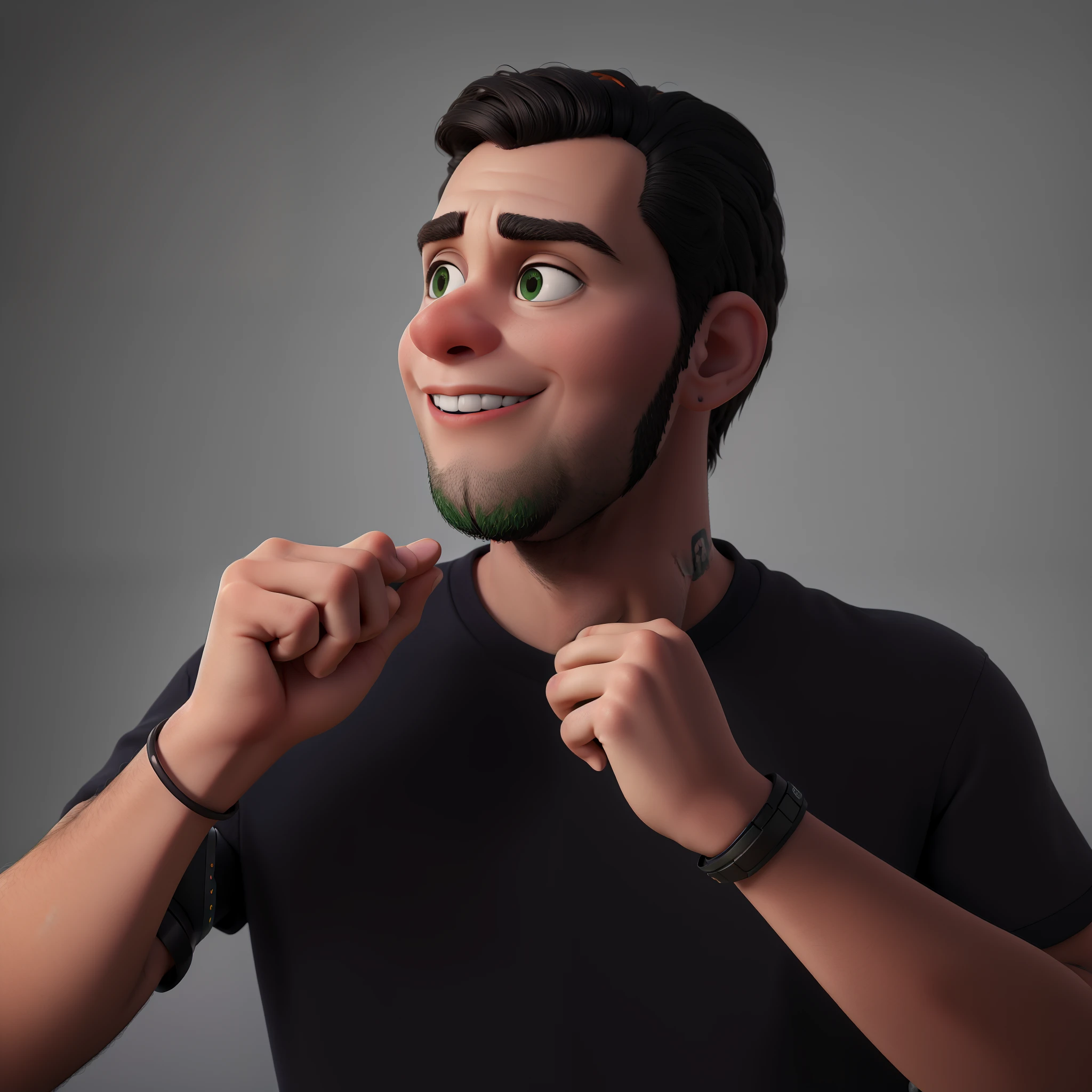 A work depicting a photographer, com olhos verdes e cabelo preto. Roupas pretas, with camera in hand and a camera tattoo on his right forearm. Feliz por trabahar com quem ama. You're in your photo studio with photography equipment. High-resolution image in pixar format