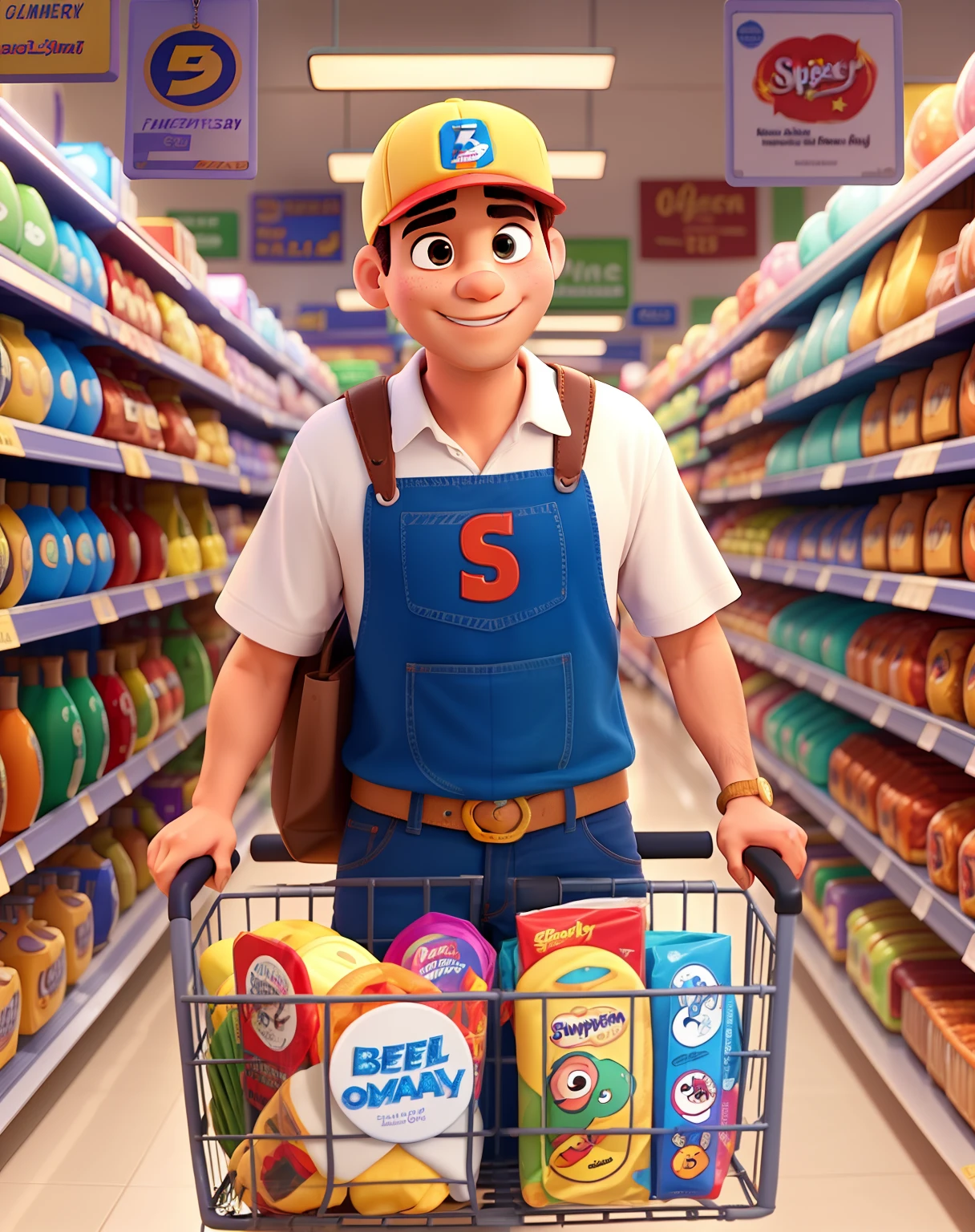 casal feliz fazendo compras em um supermercado estilo disney pixar, fundo de supermercado bem iluminado, alta qualidade, best quality
