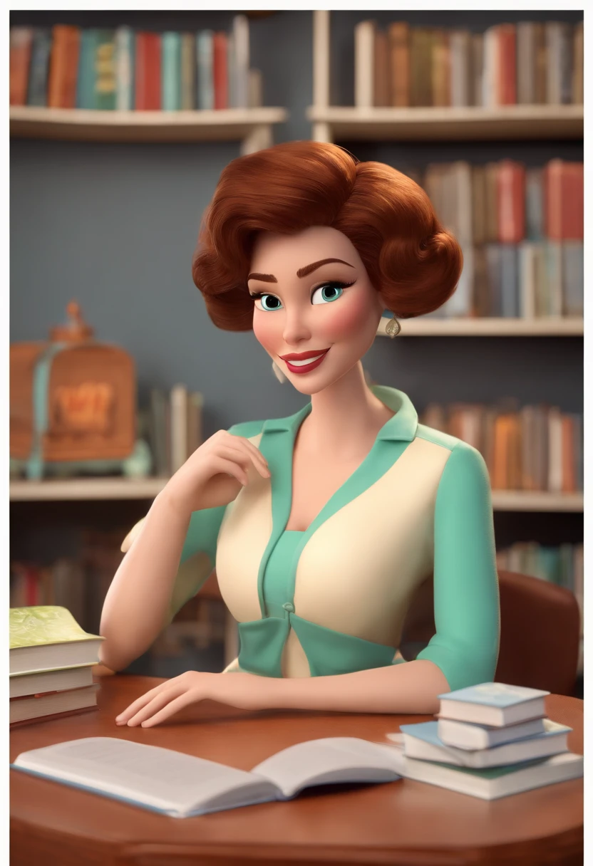 Quero estilo Disney pixar. The face is that of a white girl with big brown hair, mid size, coxas grossas, Passionate about psychology and the human brain. Ela usa jaleco e roupas coloridas. It's in her office that has books and an image of a brain for decoration. She's always wearing makeup.