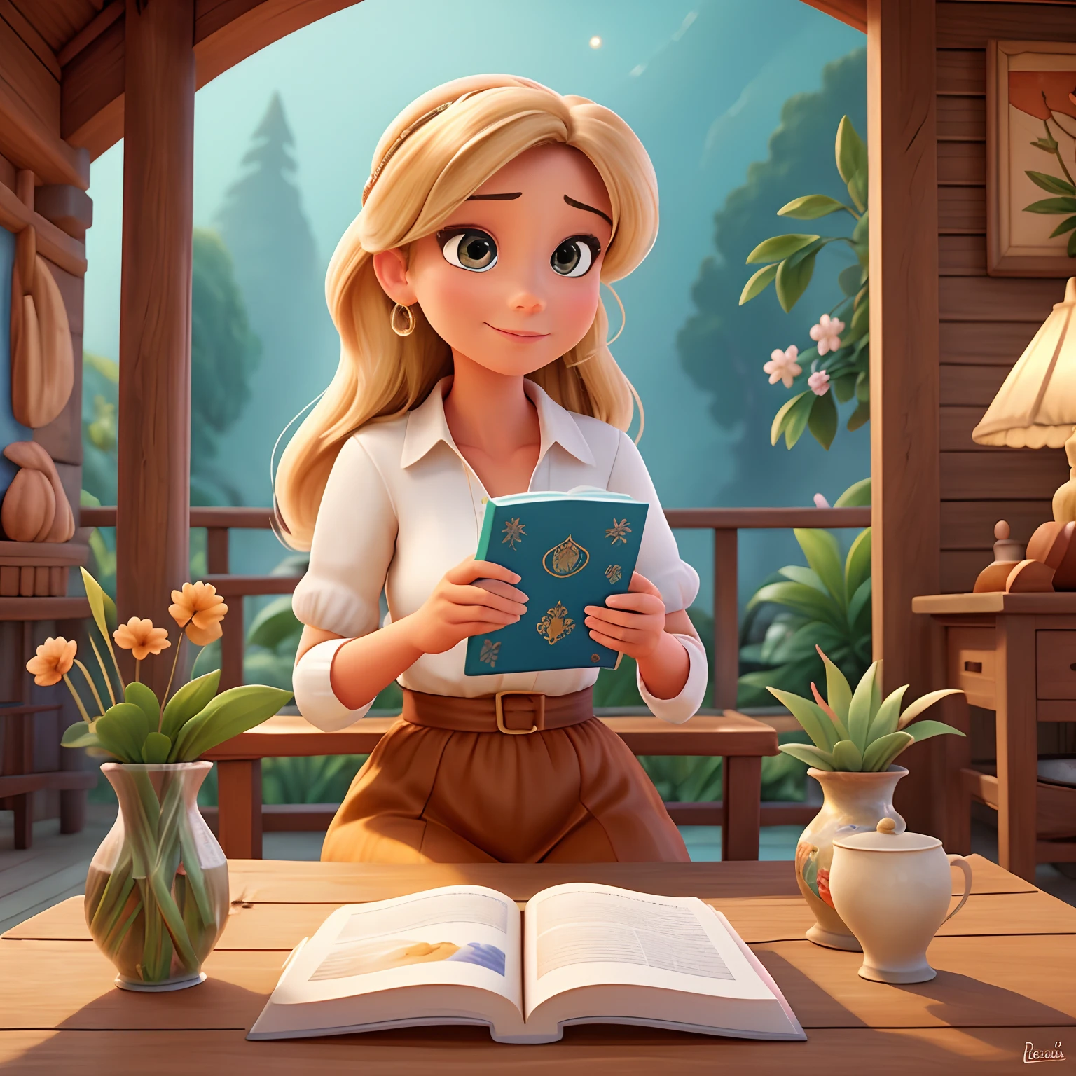 A woman sitting at a wooden table on the terrace, Nice and quiet place of soft light with potted plants, The beautiful woman is reading a book of fables, pequenas borboletas azuis sobrevoam o livro com se estivessem saindo de dentro livro, painting digital adorable, bela arte digital, Pintura realista, arte digital detalhada bonito, in style of disney animation, very magical and dreamy, Beautiful digital illustration, arte de pintura digital dos desenhos animados