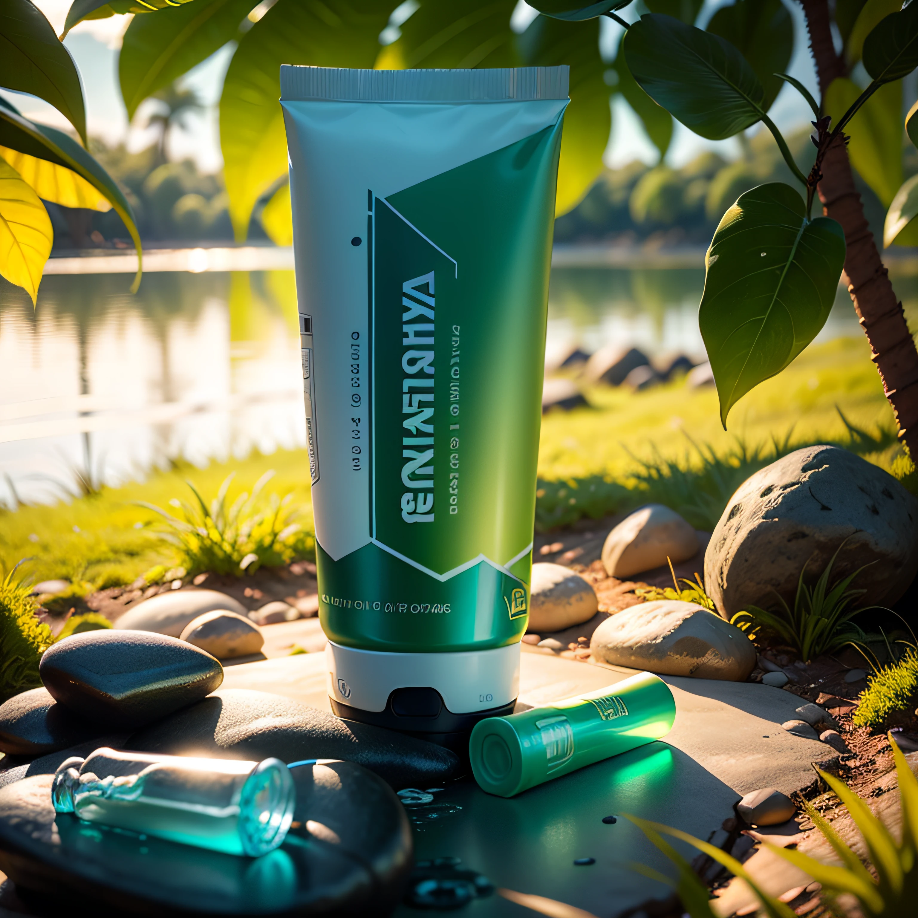 A tube of toothpaste is placed on a rock in a green environment, Green grassland, rocks, calm lake water, dewdrops, moisture, ice, soft light, focusing on details, light blue and green, mysterious tropical areas, Nikon shooting, photo realistic rendering, best quality