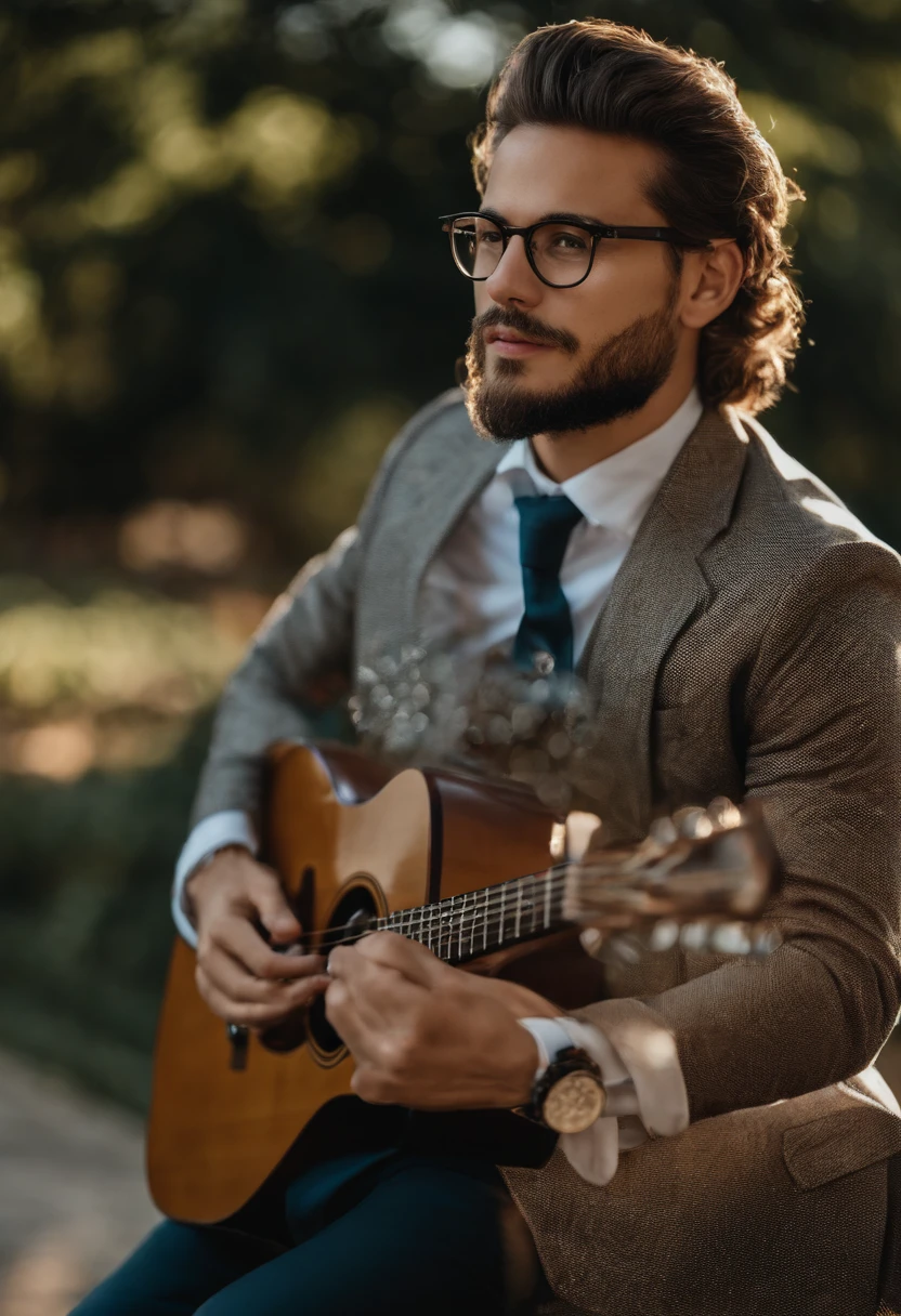 Man in glasses and suit, cabelo curto, with nerdy glasses and goatee, with glasses and goatee, com nerd! glasses! e cavanhaque, imagem frontal, com uma barba pequena, Typical cryptocurrency nerd, 2 8 anos, barba pequena, neckbeard, em torno de 1 9 anos, 2 7 anos, com leve restolho,playing guitar, in a talk show