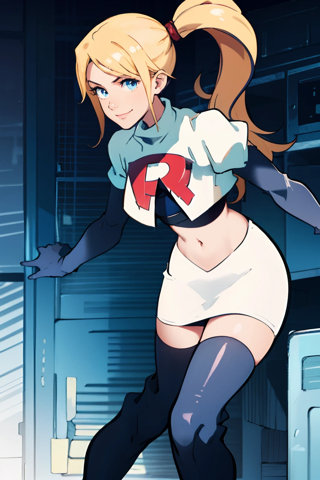 samus aran, ponytail, hair tie, team rocket, team rocket uniform, red letter R, white skirt, white crop top, black thigh-highs, black elbow gloves, smile