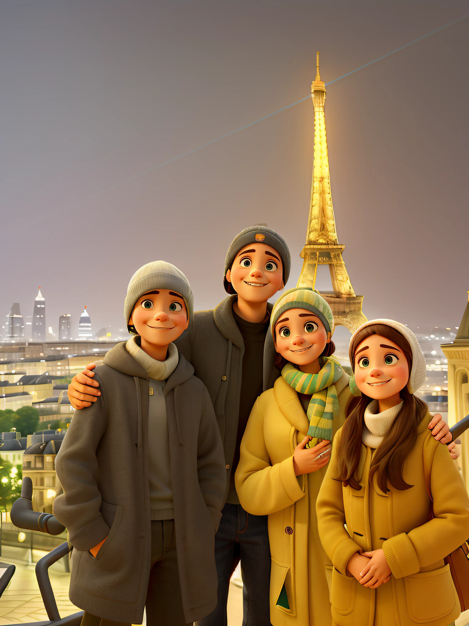 Create a Disney Pixar-style poster of a family visiting Paris at night. Ao fundo a Torre Eiffel iluminada. The young man on the left is 18 years old, He is wearing a long black coat, black cap on head, And your hands are inside your coat pockets. O jovem tem olhos verdes e sorri sem mostrar os dentes. Ao centro, o pai tem 1,90 de altura, He has his hand on his son's shoulder, usa touca preta, sorri mostrando os dentes, tem olhos verdes, He wears jeans and a black jacket. Mom wears white coat, White scarf and grey cap on the head. The smile doesn't show its teeth. The mother's hands are on her daughter's shoulders on the right. A filha sorri sem mostrar os dentes, usa casaco bege, She has long hair in front and has her arms crossed. She wears a fabric earbud on her head to protect her ears from the cold and the color is beige. Alta qualidade. Melhor qualidade