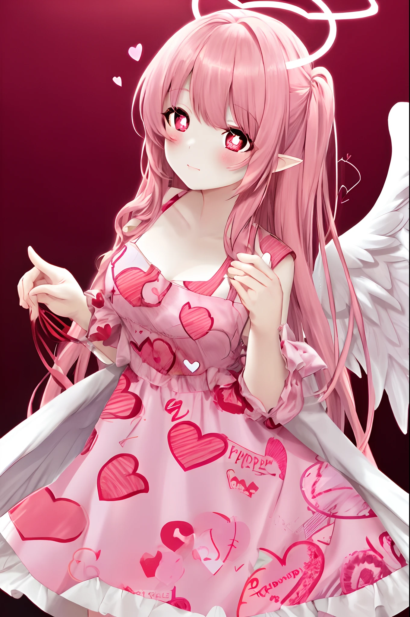 Pink hair, red eyes, heart-shaped pupils, hearts printed on clothes, pink dress, pink and white color scheme, Valentine's Day, angel, wings, halo