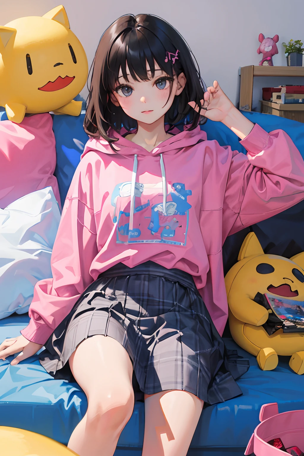 (child)，（​masterpiece，Highest Quality），Pastel hoodies with short sleeves，(gingham checked skirt)，A dark-haired，World of toys