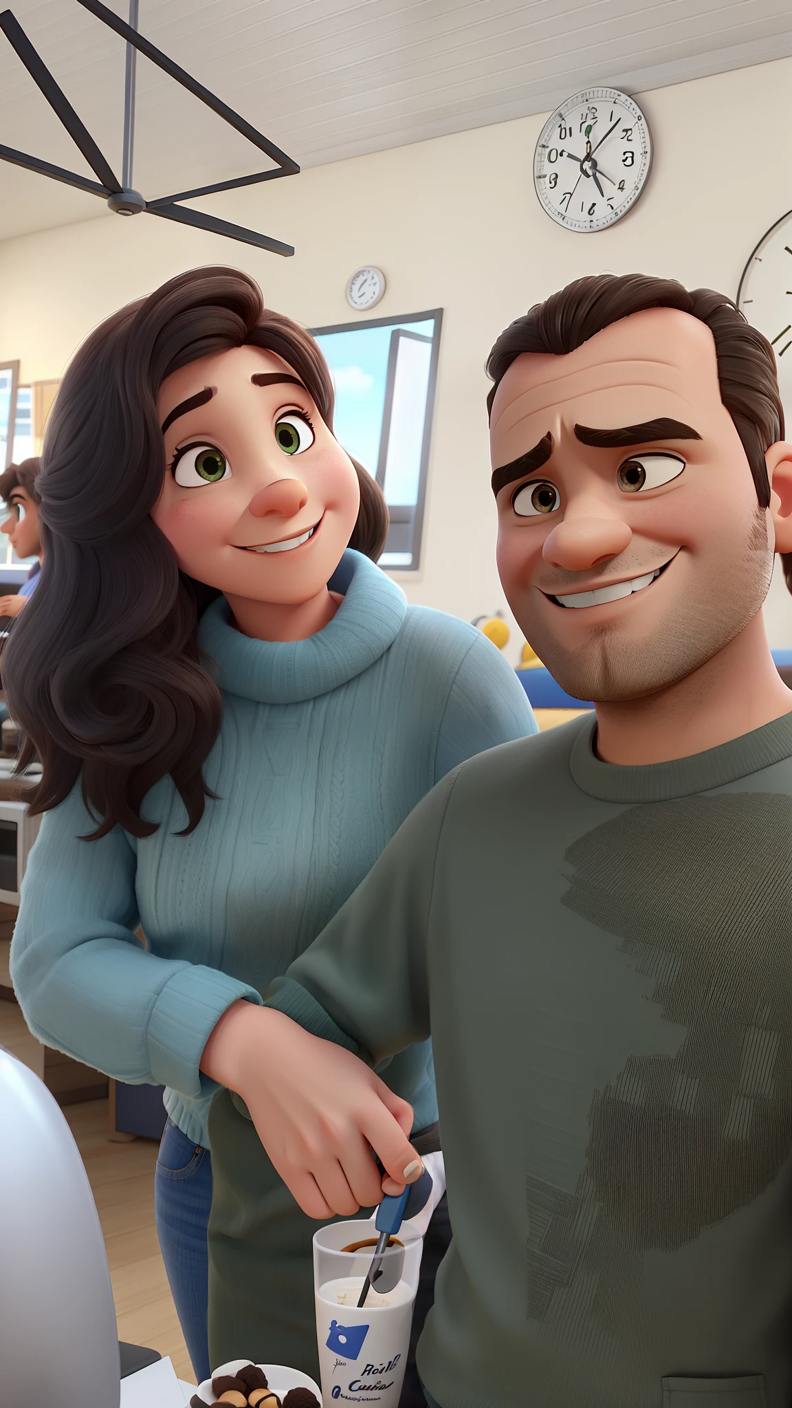 Create an image like a pixar animated movie poster. FILME CASAL CONSTRUTOR Casal feliz, mulher sorridente,olhos castanhos, cabelo castanho e na altura do ombro, COM PINTA PRETA NA TESTA. HOMEM COM APARELHO NO DENTE, OLHOS VERDES, CABELO E BARBA CURTA.