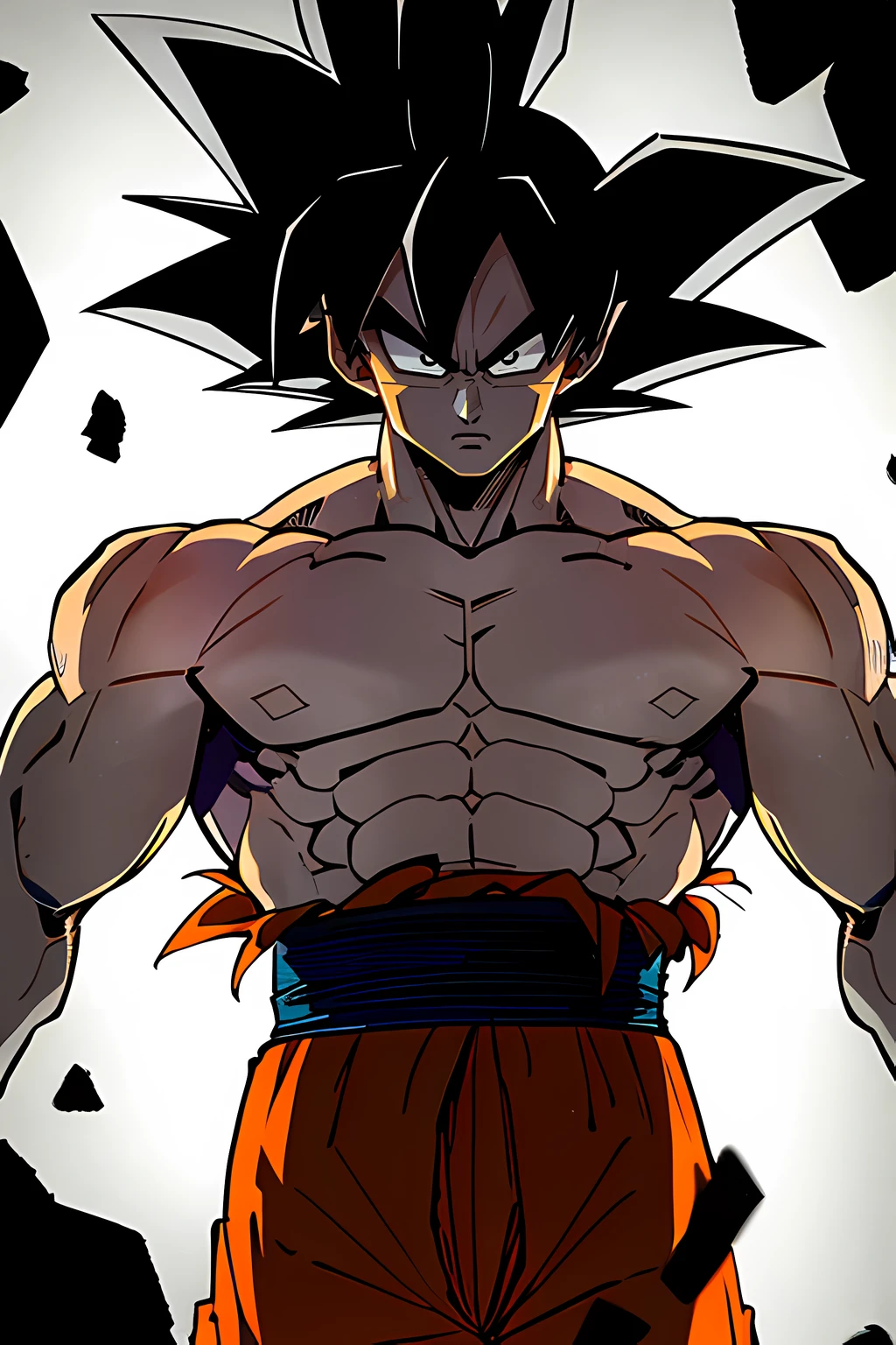 son goku, 1boy, closed mouth, male focus, muscular, muscular male, rock, sash, serious, solo, spiked hair, topless male, torn clothes, ultra instinct, black eyes, black hair, ((masterpiece))