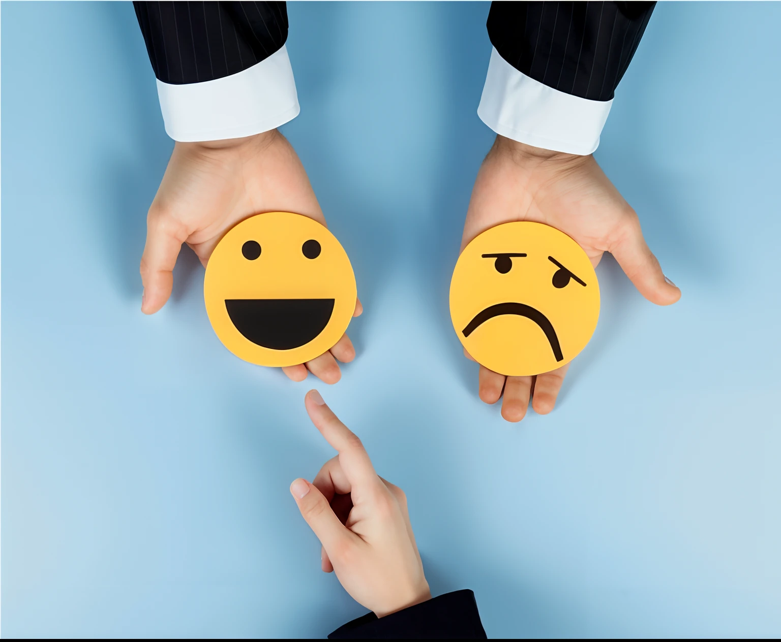 someone pointing at a smiley face on a pair of hands, with differing emotions, smug expression, emotional conflict, complaints, emoji, they are unhappy, warm friendly expression, apprehensive mood, sad and happy, emotive faces, negative mood, micro expressions, funny emoji, unhappy, emoticon, style of emoji, accurate depiction, very sad emotion