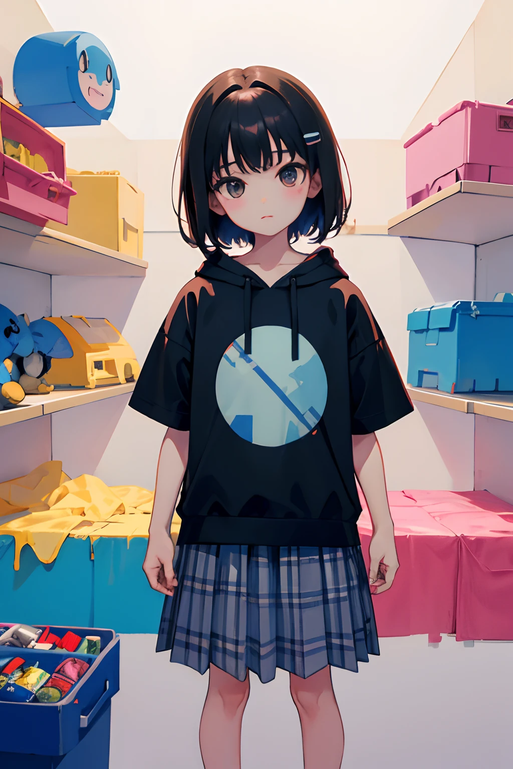 (),(masterpiece,Highest Quality),Pastel hoodies with short sleeves,(gingham checked skirt),A dark-haired,World of toys