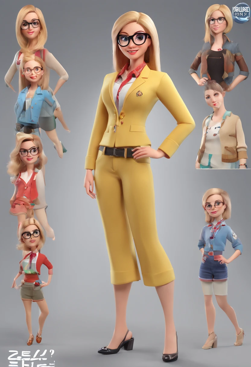 (best quality,3D,realistic:1.37),cute character, modern casual clothes, short blazer,pant,character design,character sheet,cute hairstyle,eyeglasses,disney style,american girl,young,perfect face