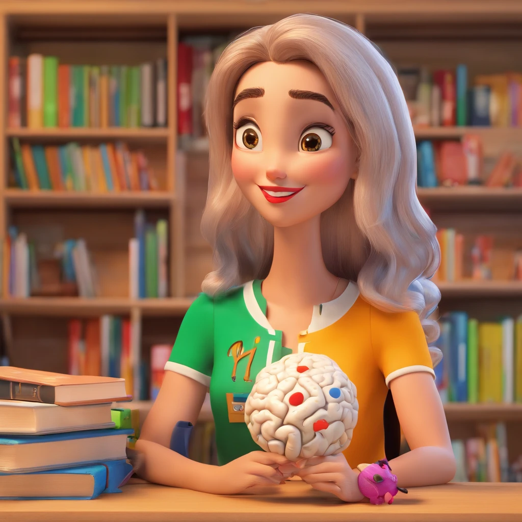 Quero estilo Disney pixar. The face is that of a white girl with big brown hair, mid size, coxas grossas, Passionate about psychology and the human brain. Ela usa jaleco e roupas coloridas. It's in her office that has books and an image of a brain for decoration. She's always wearing makeup.