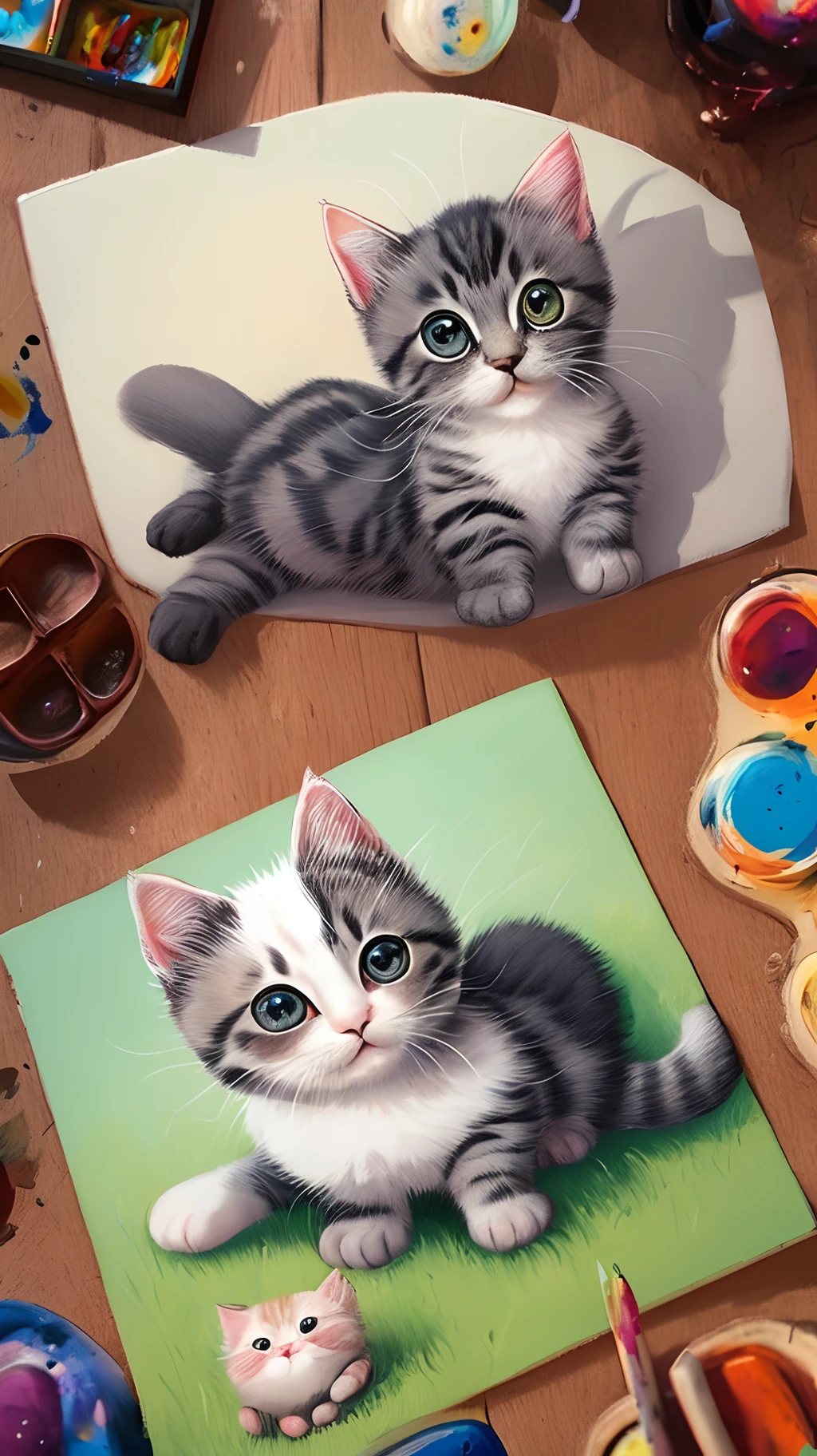 Animal cartoons，Kittens，adolable，Cartoon illustration style，Emoticon pack，action，Beautiful painting style，succinct，Tonal light and shadow，