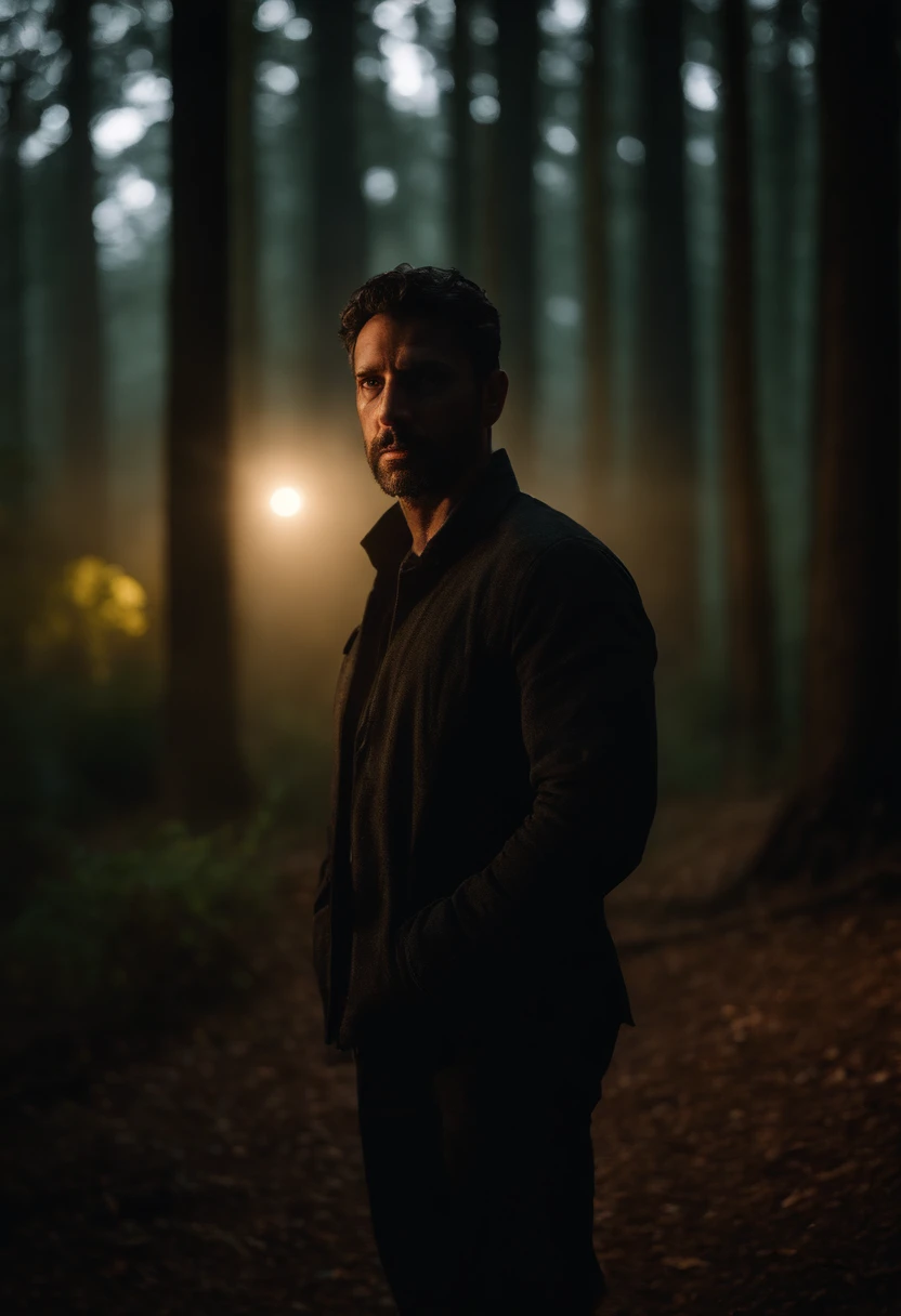 young man, 40 anos, cabelos pretos, corte de cabelo de topete , usando um casaco de pele preto, Standing in the woods at night, magic light, cercado por neblina