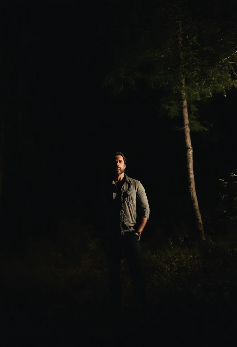 young man, 40 anos, cabelos pretos, corte de cabelo de topete , usando um casaco de pele preto, Standing in the woods at night, magic light, cercado por neblina