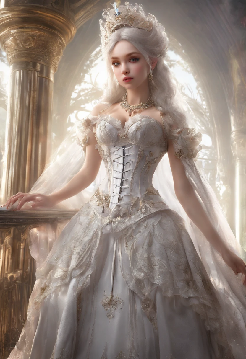 ((extremely detailed CG unity 8k wallpaper)), masterpiece, ultra-detailed, floating, high resolution, sexually suggestive, (petite, absurdly long white hair, princess, white mage, blue eyes, (ornate long white and red see through layered long dress with long detached wide sleeves and intricate embroidery), bridal veil, circlet, bridal gauntlets, blushing, shy, arched back, ruffled petticoat, ornate corset,