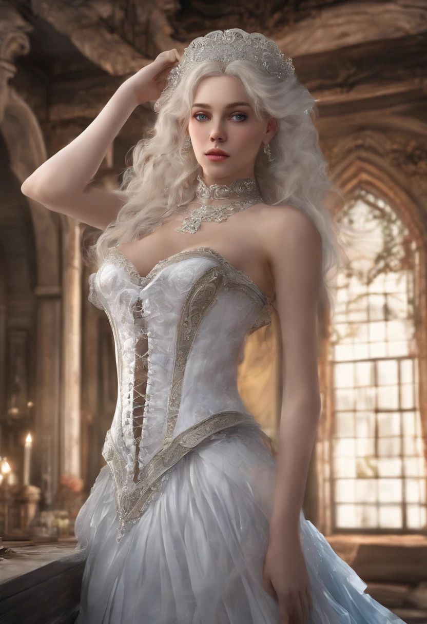 ((extremely detailed CG unity 8k wallpaper)), masterpiece, ultra-detailed, floating, high resolution, sexually suggestive, (petite, absurdly long white hair, princess, white mage, blue eyes, (ornate long white and red see through layered long dress with long detached wide sleeves and intricate embroidery), bridal veil, circlet, bridal gauntlets, blushing, shy, arched back, ruffled petticoat, ornate corset,