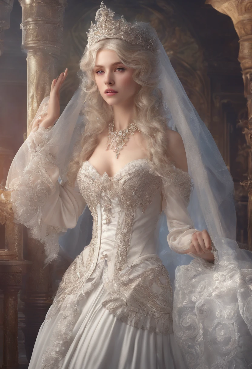 ((extremely detailed CG unity 8k wallpaper)), masterpiece, ultra-detailed, floating, high resolution, sexually suggestive, (petite, absurdly long white hair, princess, white mage, blue eyes, (ornate long white and red see through layered long dress with long detached wide sleeves and intricate embroidery), bridal veil, circlet, bridal gauntlets, blushing, shy, arched back, ruffled petticoat, ornate corset,