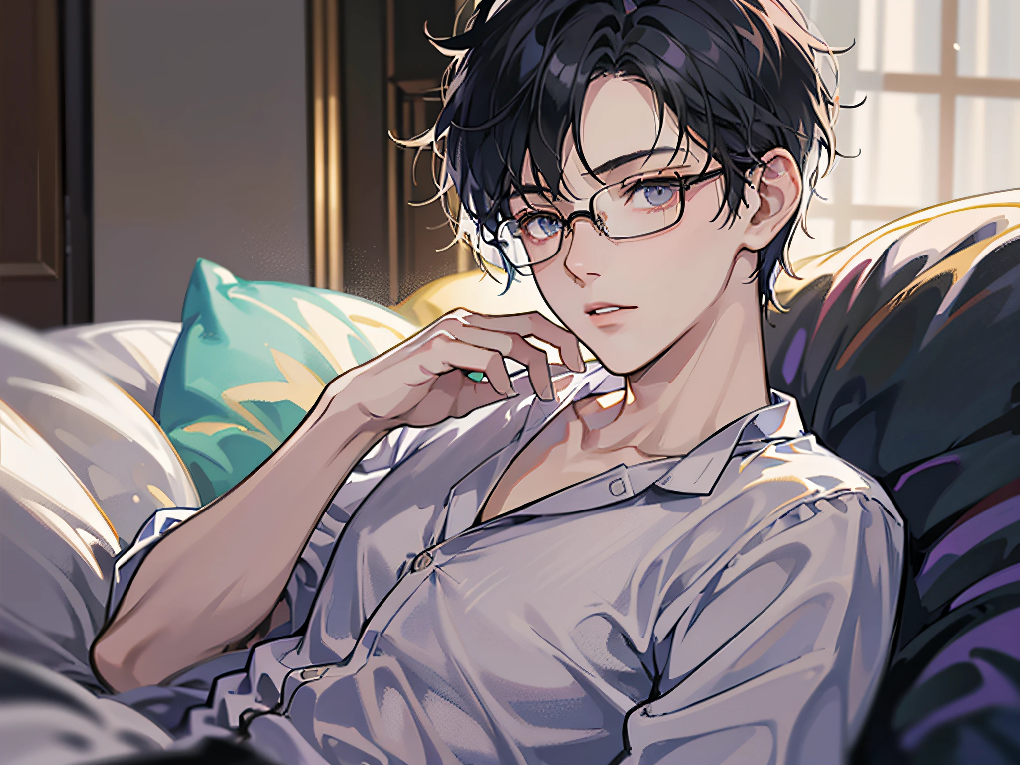 masutepiece, Best Quality, Boy in pajamas lying on bed, Solo, Short hair, finely eye and detailed face, Dark midnight background, Dimly lit bedroom, Glasses, resting on a pillow, Head on pillow, From Side, look at viewr, The upper part of the body,Dynamic Angle,Hairstyle Long,ムラムラ,