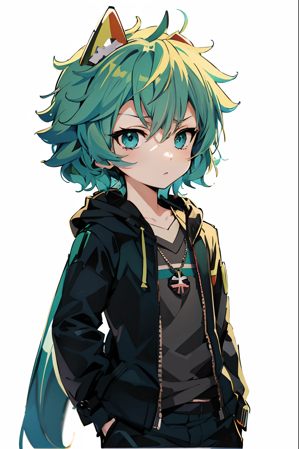 Green hair and blue eyes anime character wearing a black jacket, nagito komaeda, anime moe art style, Anime girl with teal hair, hatsune miku short hair, Anime Boy, Mikudayo, by Puru, 2 d anime style, High quality anime art style, anime style character, tall anime man with blue eyes, young anime man, Anime Character,Make an angry look