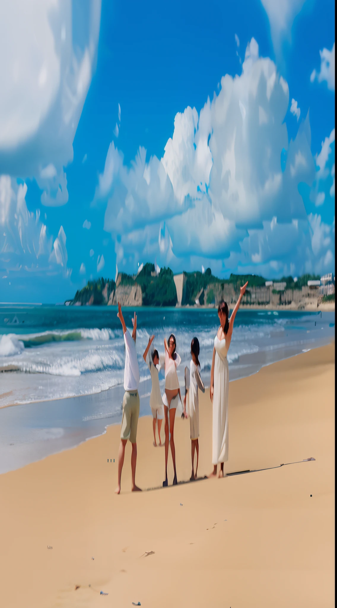 Five people on the beach with their arms in the air, fami, estilo de vida, dia ensolarado na praia, posando em uma praia com o oceano, in a beachfront environment, estilo Disney Pixar, melhor qualidade, alta qualidade