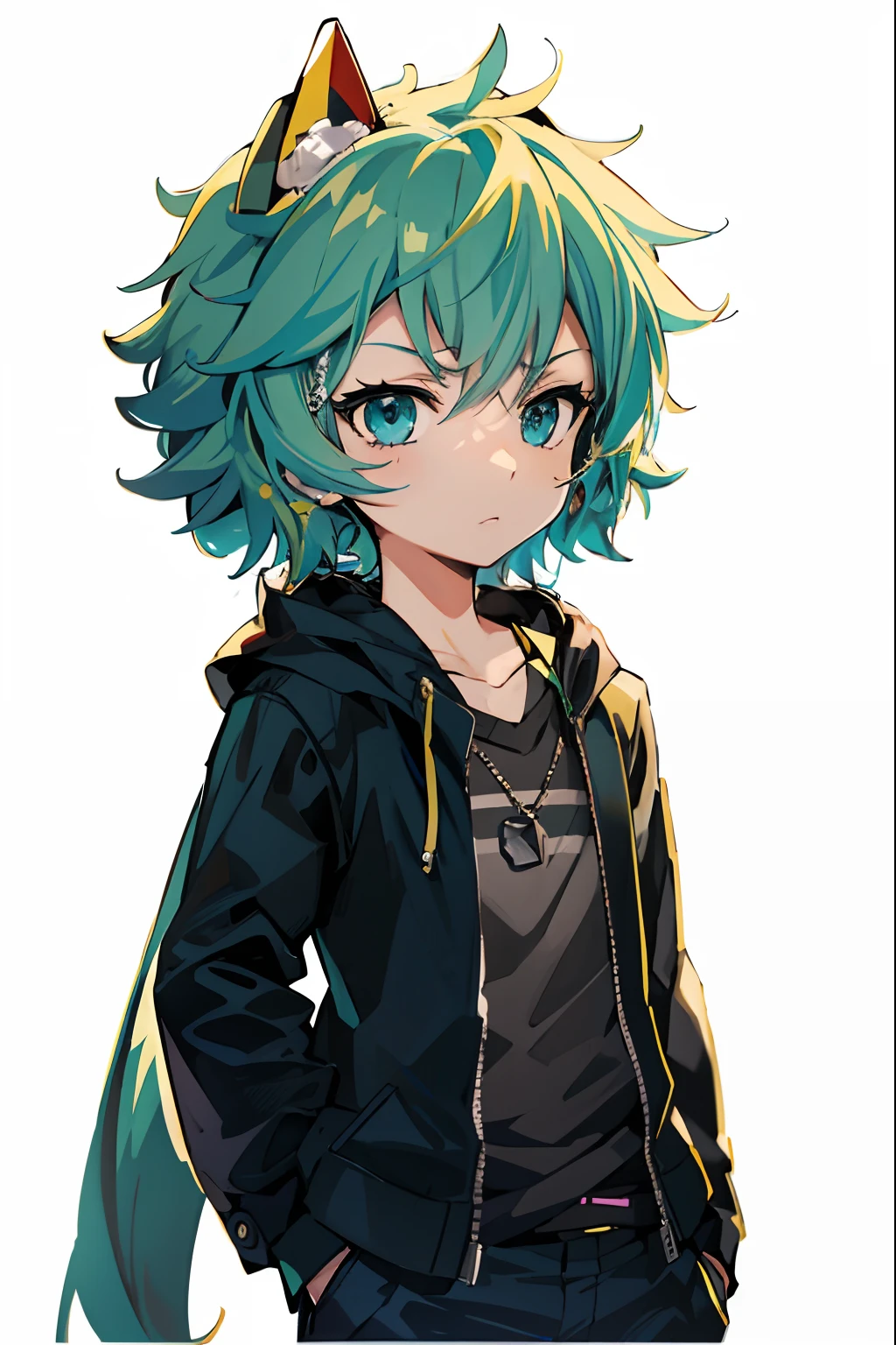 Green hair and blue eyes anime character wearing a black jacket, nagito komaeda, anime moe art style, Anime girl with teal hair, hatsune miku short hair, Anime Boy, Mikudayo, by Puru, 2 d anime style, High quality anime art style, anime style character, tall anime man with blue eyes, young anime man, Anime Character,Make an angry look