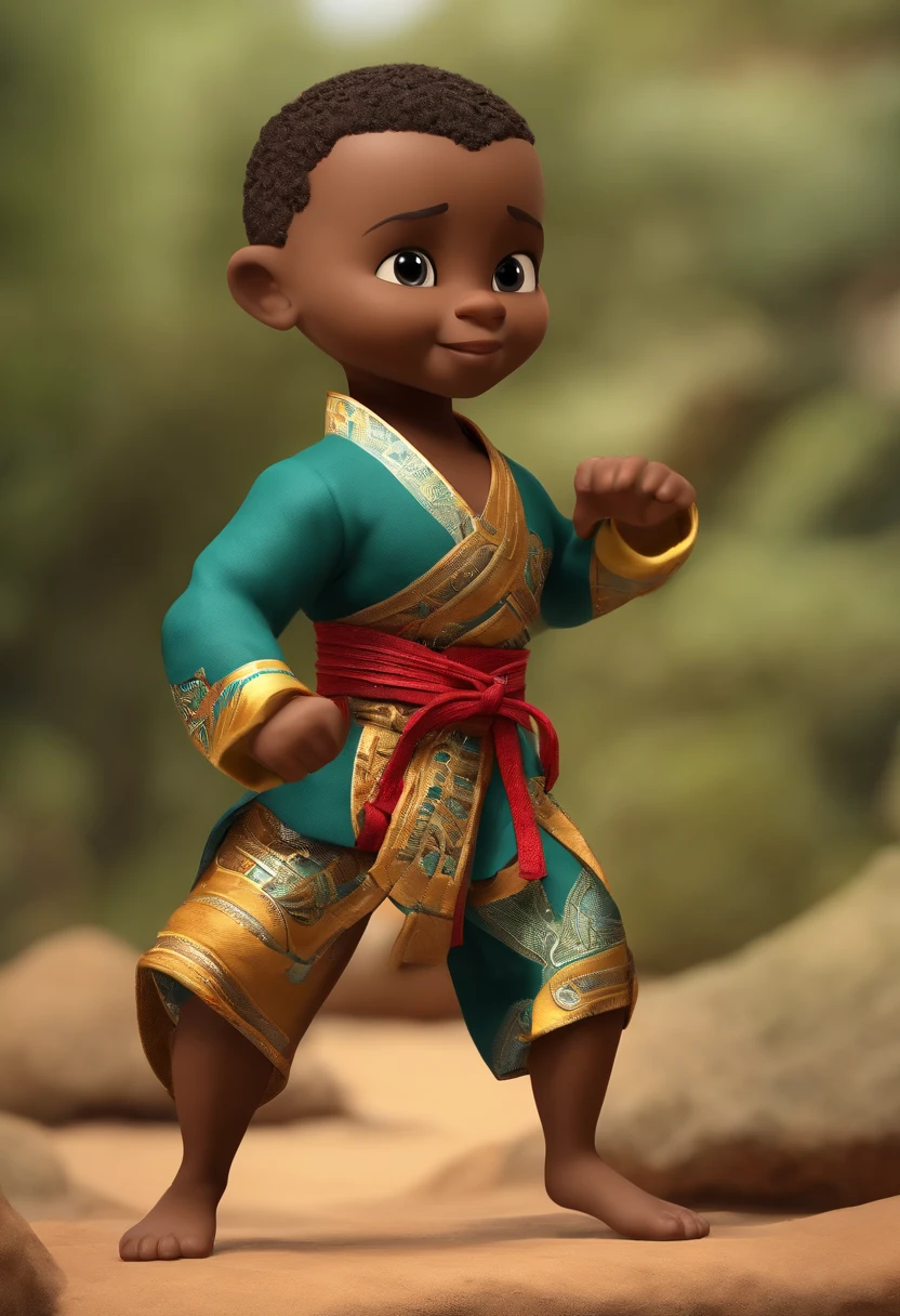 personagem dos desenhos animados de um menino africano africano pele marrom clara:4 em ...3d, vestindo um dogo braco de taekwondo, mostrando sua felicidade em dar um chute em um saco de pancadas