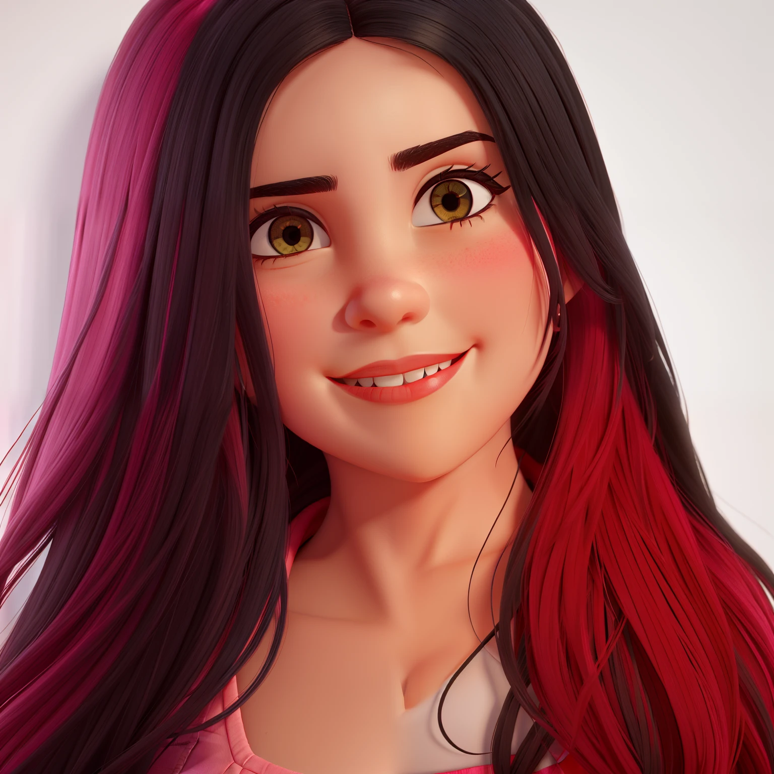 uma menina linda, alegre, olhar fulminante, cabelo preto e vermelho longo, iluminada pela luz de uma lampada