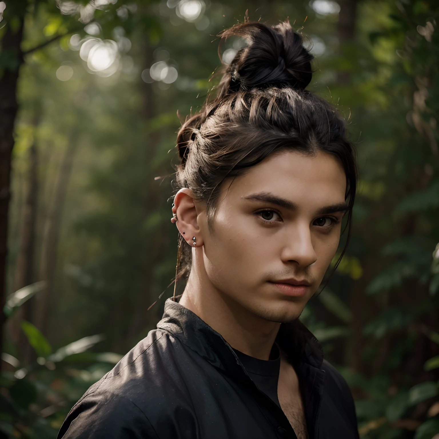 A handsome men looking side pose, (( hair style black long hair bun)), ((shining ear ring)) dark black full neck tshirt, warm tone, 8k resolution, change background blur forest side single light flare, solo, hyper realistic, classic view