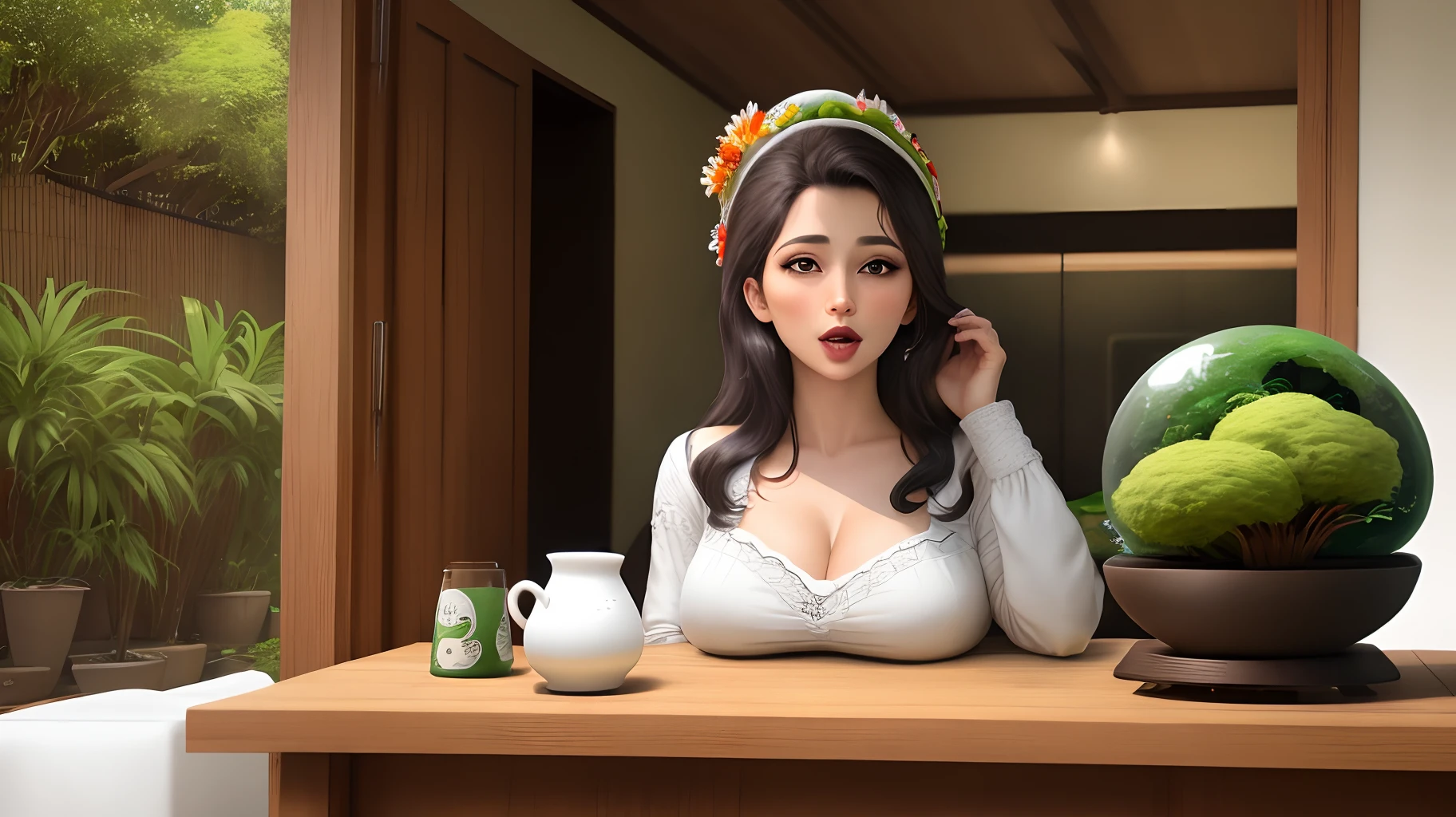 Mulher segurando um kokedama