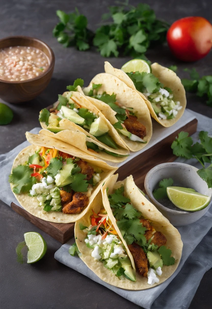 4 deliciosos tacos mexicanos, vaso de agua con gotas por fuera del vaso, profesional photography.