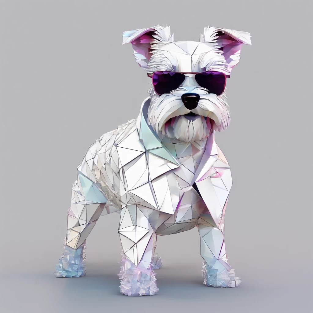 Perfect alignment, Cute schnauzer in a jacket,Crystal Vase,Rose flower, Wearing sunglasses, cheerfulness, Standing position, Abstract beauty, Centered, Looking at the camera, Facing the camera, Approaching perfection, Dynamic, Highly detailed, Smooth, Sharp Focus, 8K, hight resolution, Illustration, art by carne griffiths and wadim kashin, White background