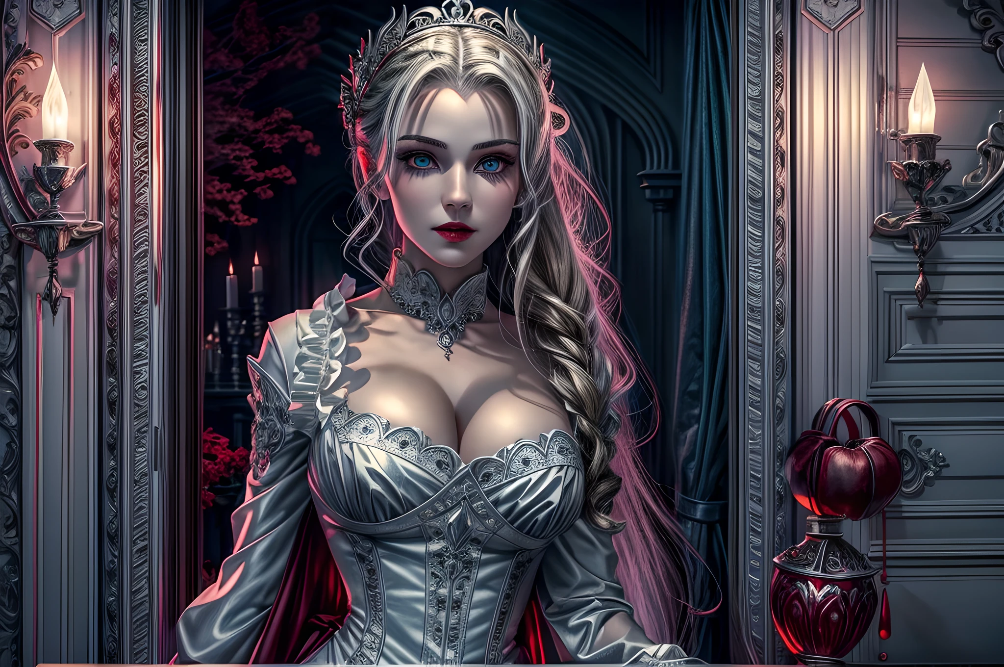 icture of vampire standing in the front of her home holding a (candy bag: 1.2), an exquisite beautiful female vampire in her front door of her home, full body (ultra detailed, Masterpiece, best quality), ultra detailed face (ultra detailed, Masterpiece, best quality), grey skin: 1.3 , blond hair, hair in a ponytail, long hair, blue eyes, cold eyes, glowing eyes, intense eyes, smile with [drops of blood on face] (ultra detailed, Masterpiece, best quality), dark red lips, [vampire fangs], wearing white dress (ultra detailed, Masterpiece, best quality), dark blue cloak, high heeled boots in front of her home, (holding a candy bag: 1.4), high details, best quality, 16k, [ultra detailed], masterpiece, best quality, (ultra detailed), full body, ultra wide shot, photorealism, dark fantasy art, moon light coming through the window, moon rays, gothic art, sense of dread, sense of seduction,