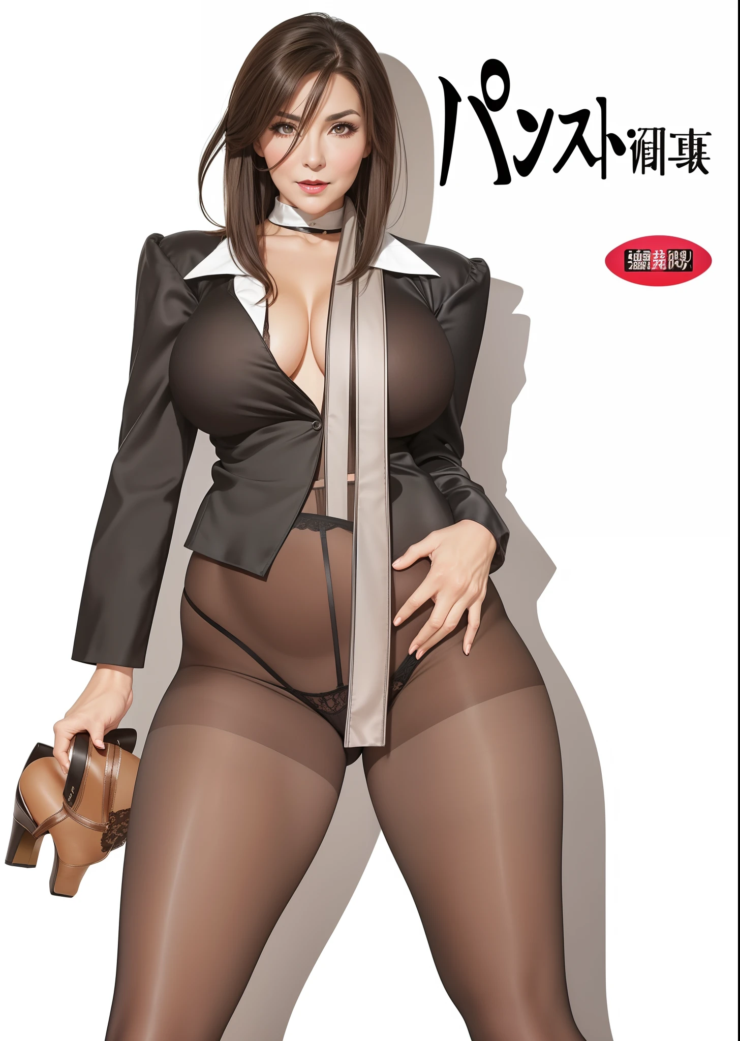Photo of a 60-year-old woman with brown hair, a captivating gaze, Brown eyes, Wrinkles on her face, Black pantyhose,Black High Heel Boots,She wears very sexy lingerie underwear、、Revealing her large sagging breasts, Light makeup and red lips. 32K