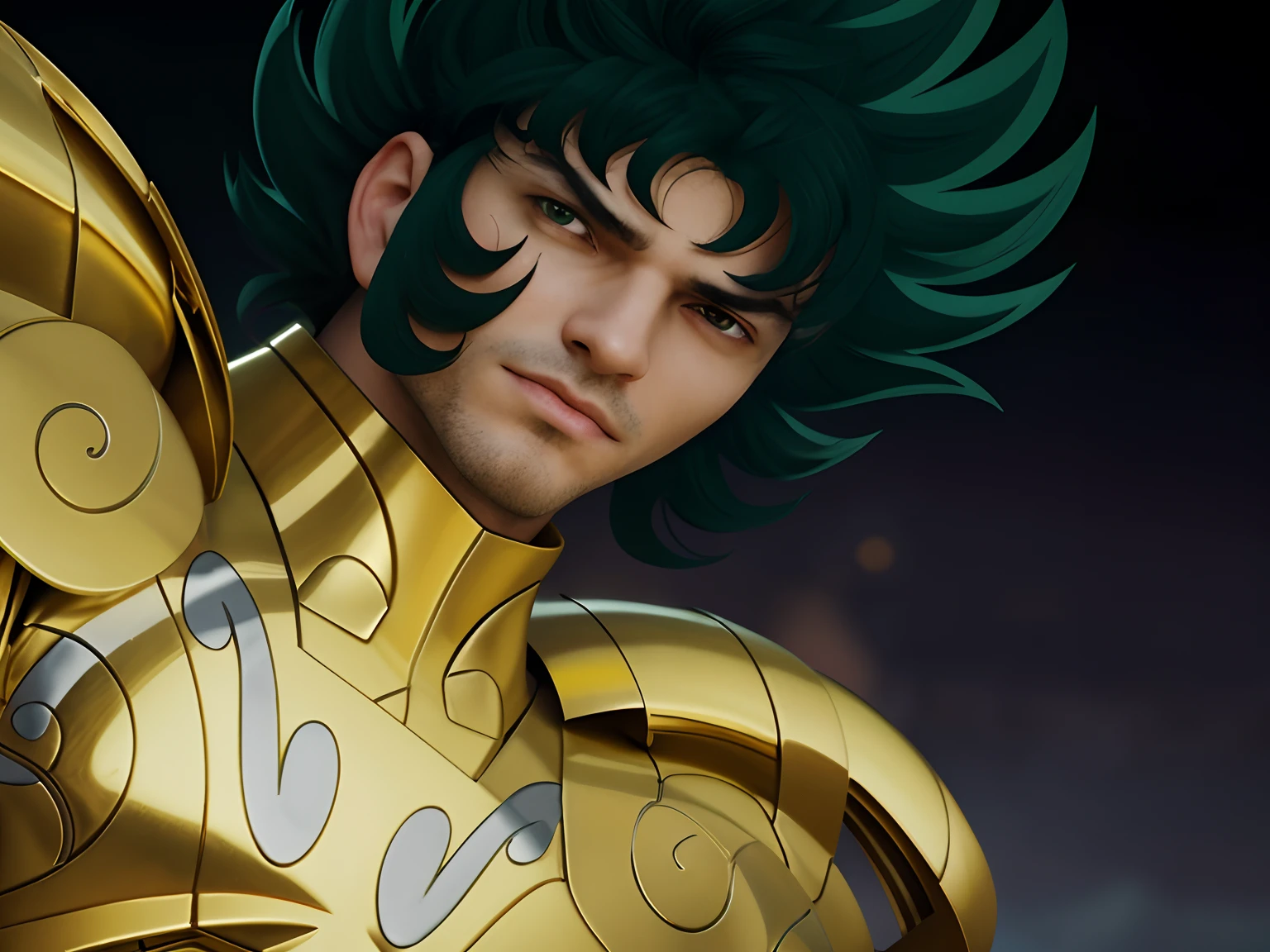 realistic, masterpiece, close up portrait of an man, male, spanish, 1boy, solo, serious, looking at viewer, wearing an medieval armor, (golden armor), chrome gold, (detailed armor), (ornate armor), dark green hair, (hair blowing in wind), hair bangs, realistic green hair, cinematic light, 4k, photorealistic, night and stars background.