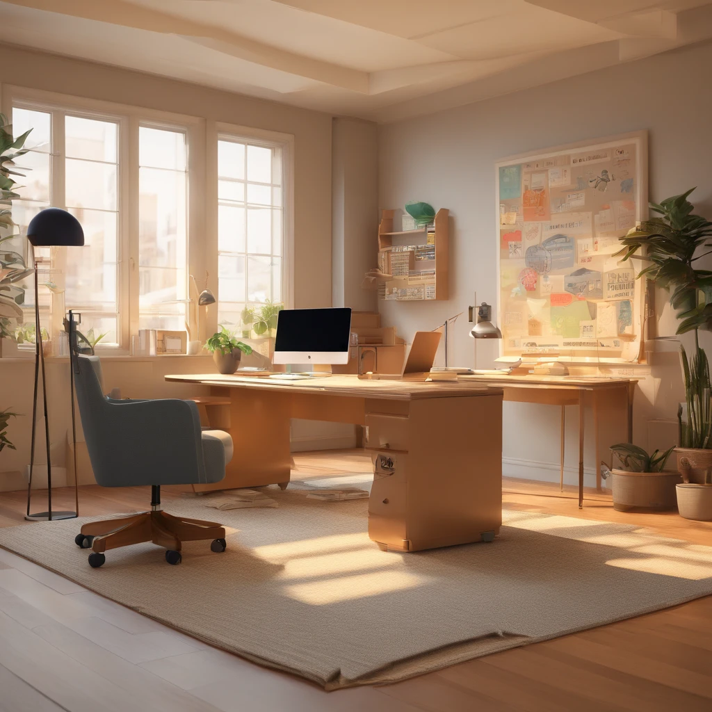 Crie um cartaz inspirado na Disney Pixar com o personagem sendo uma Designer de Interiores, Uma mulher de cabelos pretos longos usando uam roupa neutra, in a beige-toned office with many architectural designs on the desk
