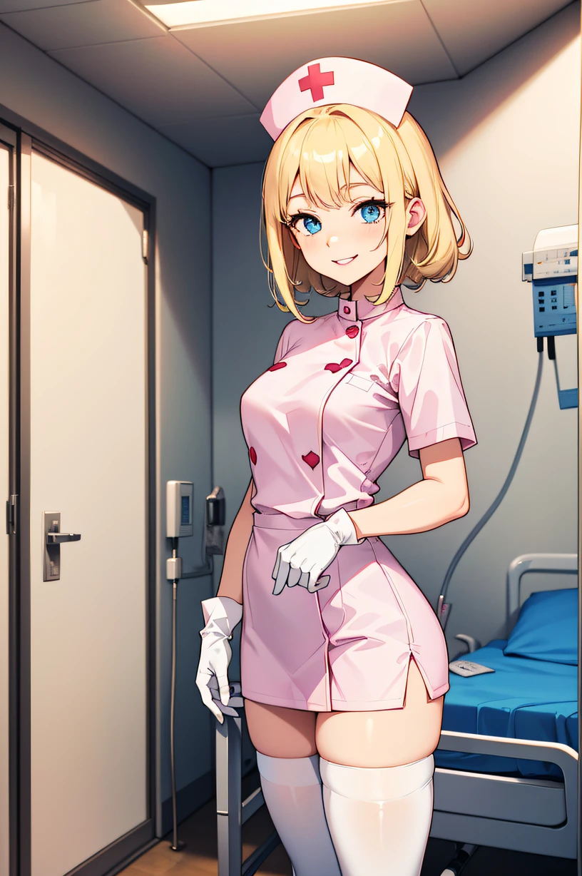 1woman, solo, nurse, nurse cap, white wear, ((white legwear, zettai ryouiki)), white gloves, blonde hair, blue eyes, pink lips, smile, standing, ((hospital room)), sharp outline, short sleeves, mature female, 35 years old, best quality, masterpiece