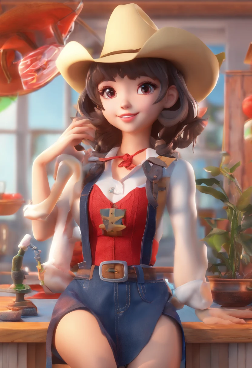 best quality, Ame-chan, master part, 1girl, sozinho, seios pequenos, cowboy shot, suspenders, camisas vermelhas, fita preta