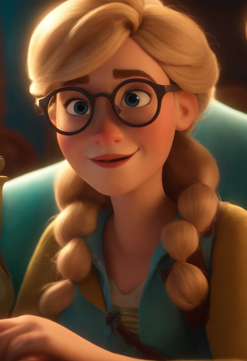 Pixar style image with 3D blonde character glasses, cabelos longos , Maquiagem Disney,Pescador, bonitinho, sorridente ,Close-up, Pixar, Disney, Cinema lighting,