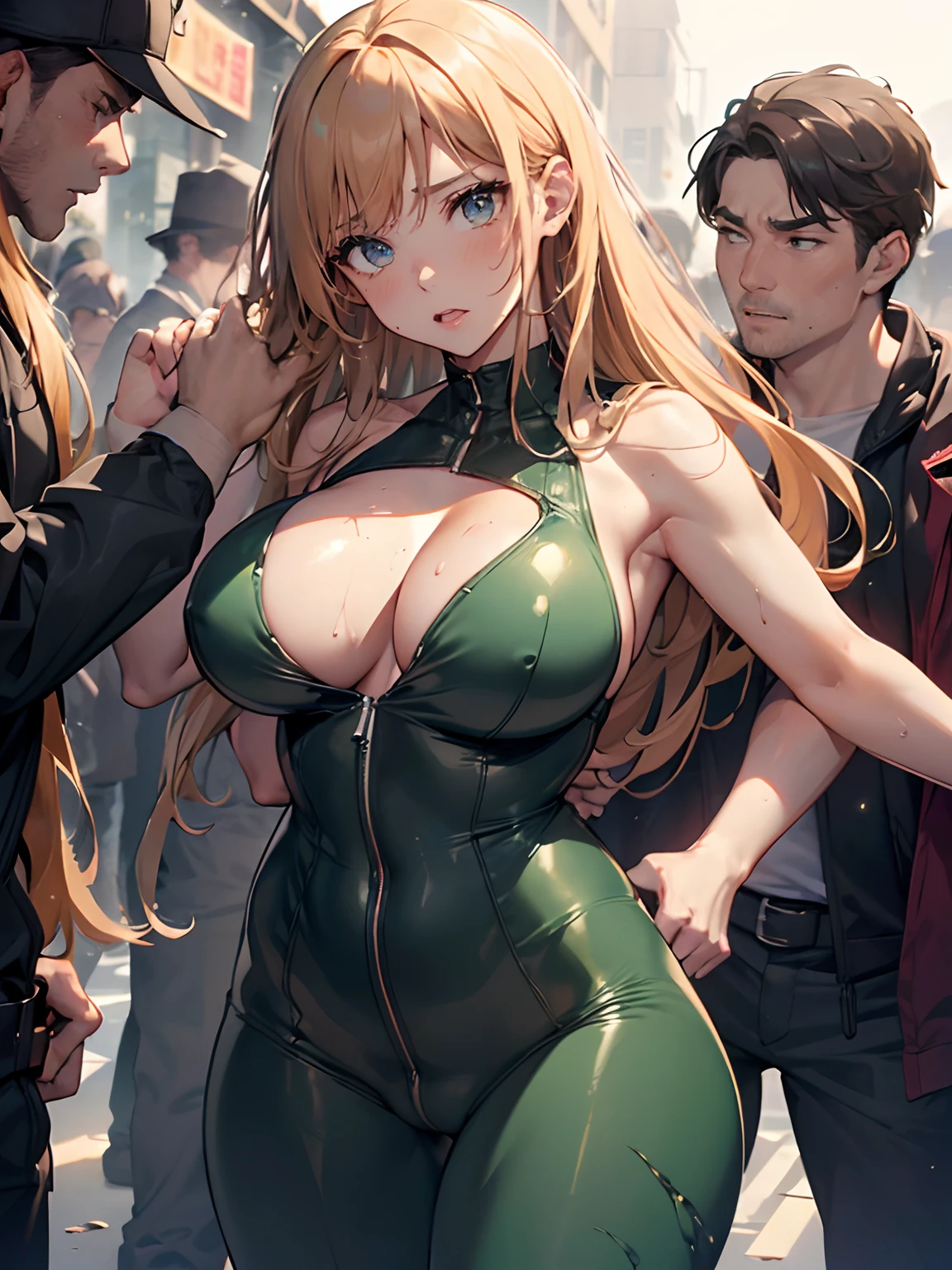 Sam, Green latex bodysuit, (Gorgeous, Beautiful, Enchanting:1.3), (trending on CGSociety, trending on pixiv, huge tit, Plump crotch, Fitness model, Ruddy cheeks, perspire, Sweaty, The whole body is soaked with clothes, Wheezing, Mouth open, Reveal a shy and nervous expression, cleavage, Stand in dim light、In a crowded alley, Caught by a group of men, grabbing the breasts, A crowd stared at her intently, A lot of male arms, POV hands, assisted exposure, pulled by another, lifted by another, undressing another, Catch, Pulling, clothes pull, bra pull, Shirt pull, was raped, ((The men pressed their faces close to her body:1.5)), ((She was held from behind by a man:1.5)), ((She was grabbed by the chest by a large group of men:1.5)),  ((The man presses his chest against the woman's back 1)), ((She was grabbed by a large group of men on the buttocks:1.5)), ((very large crowd of men around her:1.5)), ((The crowd was all men)), full bodyesbian