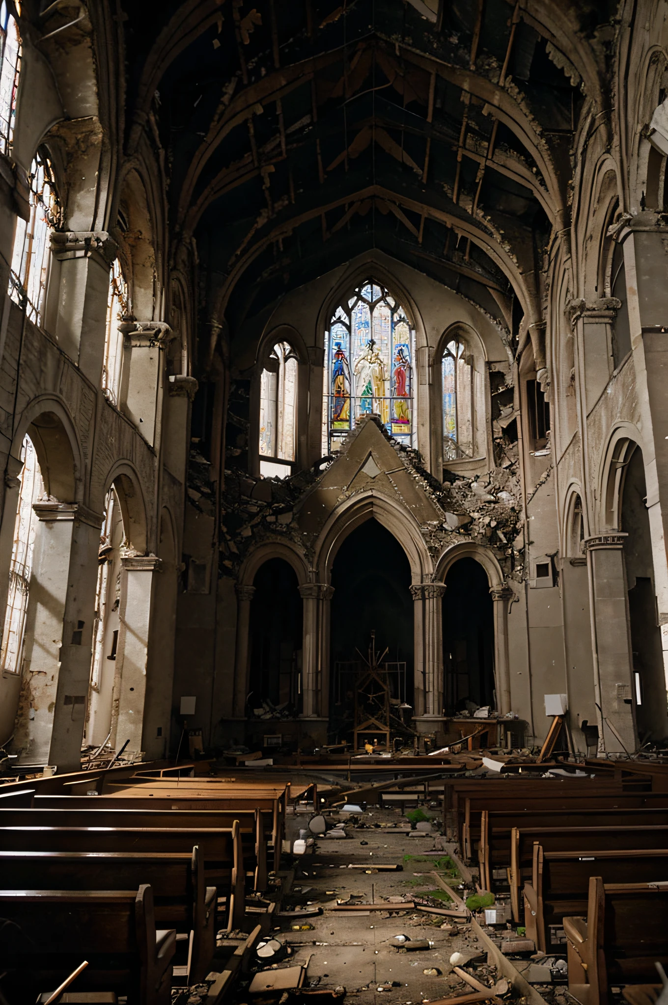 church, in ruins, destroyed by an atomic explosion, ultrarealistic, very high quality, photography