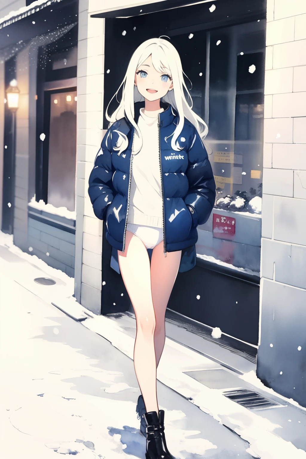 (masterpiece:1.2, best quality), 1girl, young teen, slim, white down jacket, (white panties), long hair, smile, walk the street, winter, snow, white, bright, watercolor