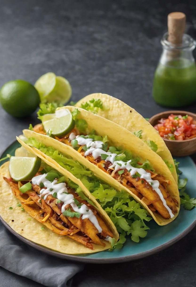 deliciosos tacos mexicanos, vaso de agua con gotas por fuera del vaso, Studio Photography, cinematiclight.